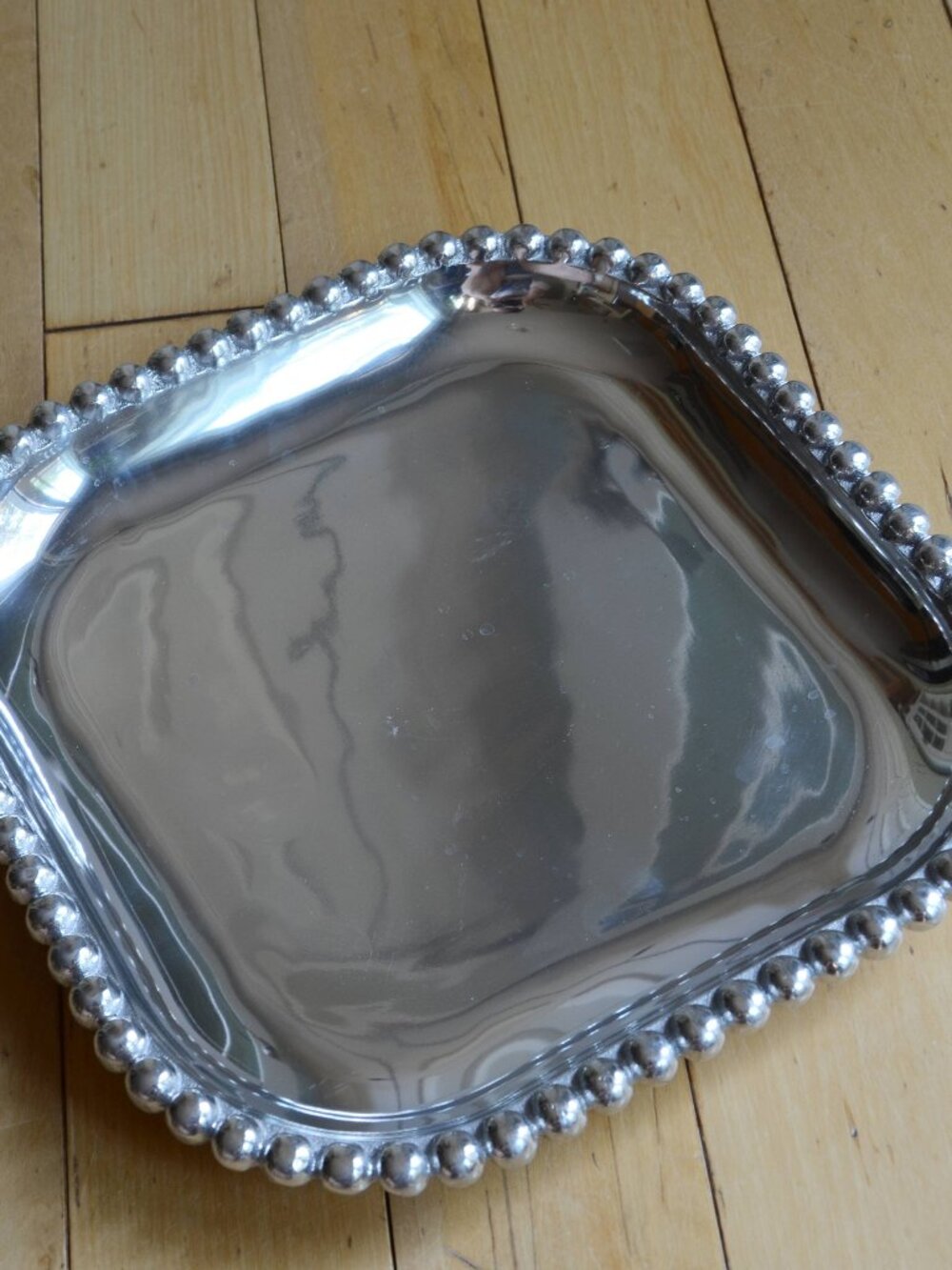 Mariposa Pearled Square Platter Cast Aluminum Silver Tray